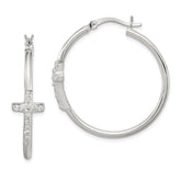 Sterling Silver Polished CZ Cross 2.5mm Round Hoop Earrings